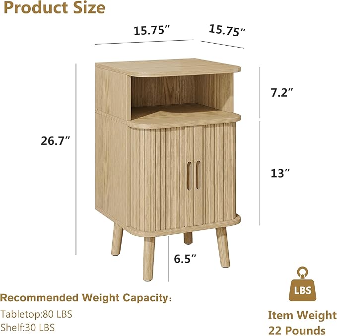 Alohappy Fluted End Table Set of 2, Mid Century Modern Nightstands with Sliding Tambour Door, Curved Round Edge Wood Bedside Table for Bedroom, Side Tables with Storage for Living Room, Natural Oak