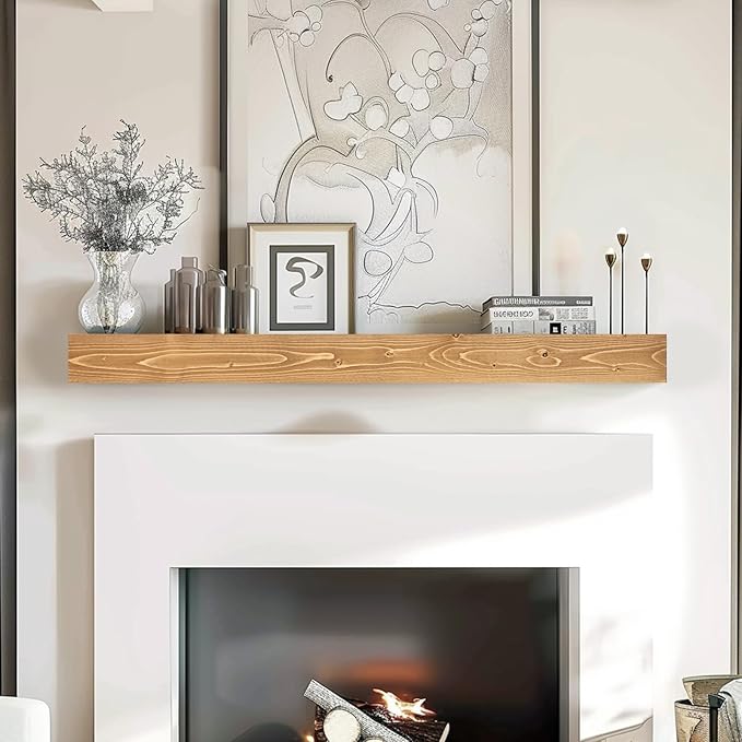 48x8x3 Fireplace Mantel - Handcrafted Hollow Rustic Solid Wood Wall Mounted Floating Shelf with Invisible Heavy Duty Wood Bracket (Natural Wood)