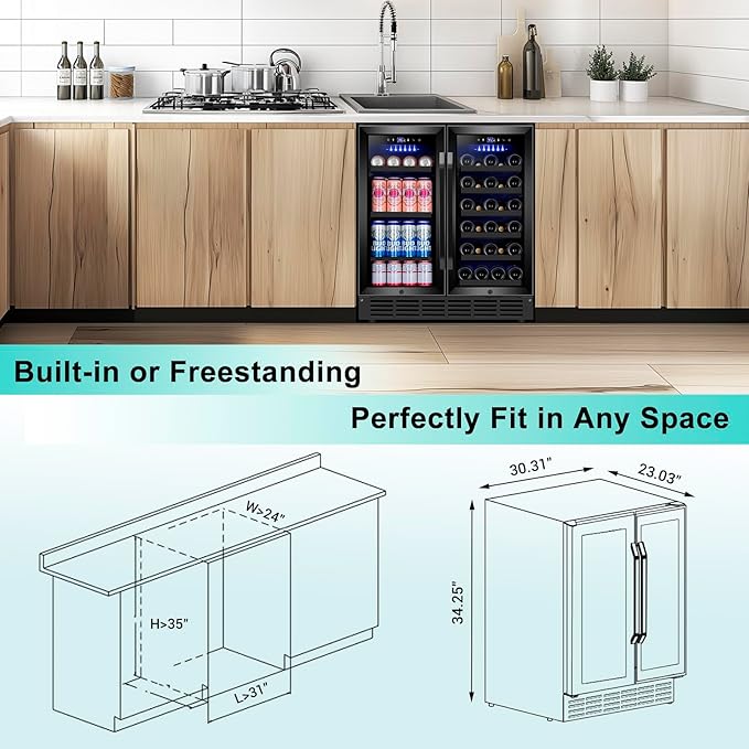 30 Inch Wine and Beverage Refrigerator, Upgrade Dual Zone Wine Cooler, 30'' Wine beverage Fridge Built in or Freestanding Under Counter Large Capacity Glass Door Advanced Cooling System,Black