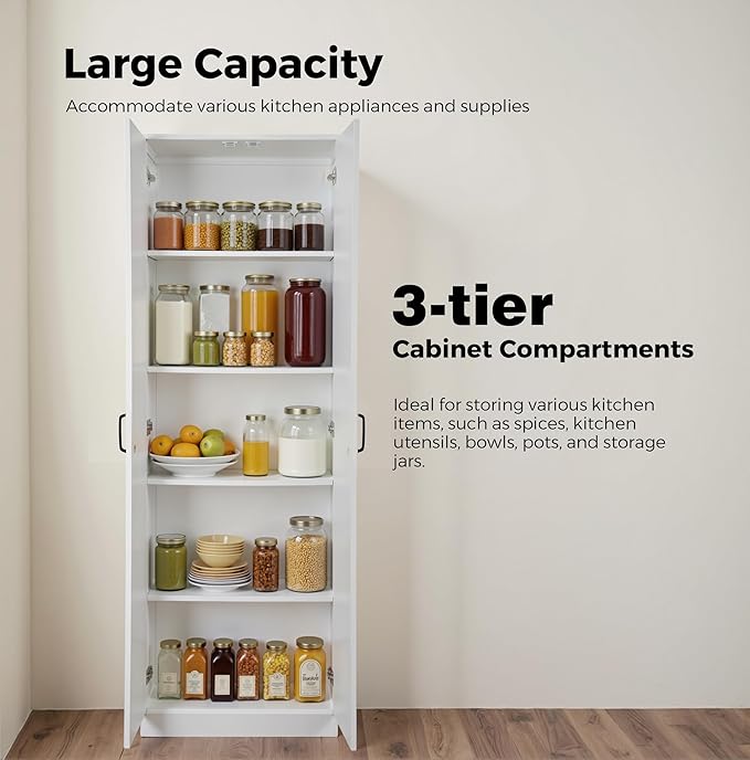 71" Tall Pantry Cabinet/Storage Cabinet, Wood Cupboard with 2 Door and 3 Adjustable Shelves for Kitchen, Dining Room, Living Room, Bathroom (Style 2)
