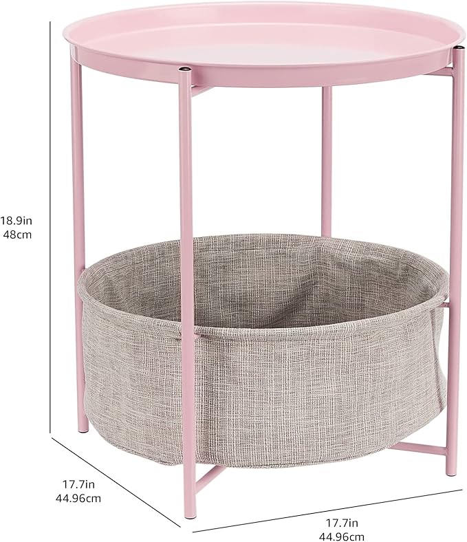 Amazon Basics Round Storage End Table, Side Table with Cloth Basket, Dusty Pink, 17.7"D x 17.7"W x 18.9"H