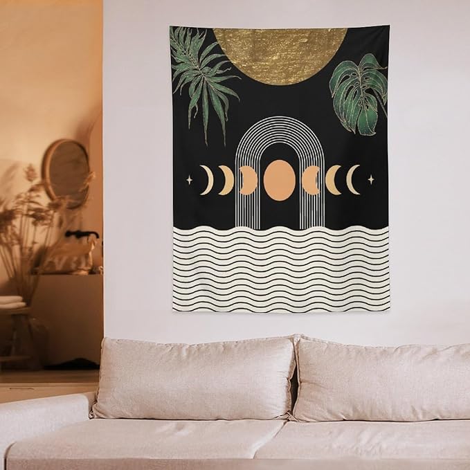 Abstract Boho Tapestry, Mid Century Tropical Tree Leaves Modern Geometric Arch Bohemian Botanical Tapestry, Home Aesthetic Wall Hanging Art Decor for Living Room Bedroom Dormitory 60x60 Inch