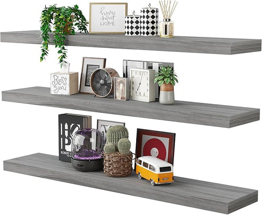 BAMEOS Floating Shelves,40 in W x 8in D Wall Mounted Wooden Shelves with Invisible Brackets Set of 3, Hanging Wall Shelves Decoration for Bedroom, Bathroom, Living Room and Kitchen