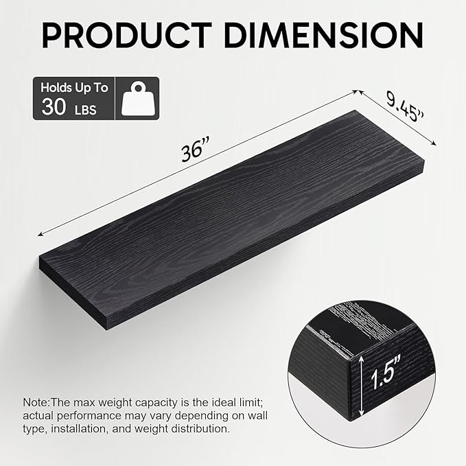 BAYKA Floating Shelves for Wall, 36 inches Long Wall Mounted Rustic Wood Shelves for Bathroom, Bedroom, Living Room, Kitchen, Office, Hanging Shelf for Books/Storage/Decor(Black,Set of 2)