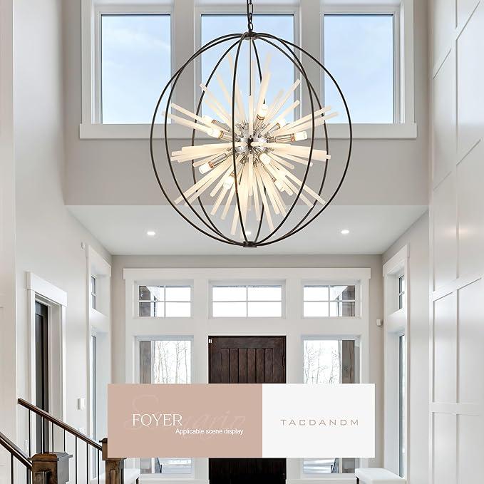 31.5" Black Chrome 16-Light Globe Sputnik Chandelier Modern Adjustable Hanging Ceiling Glass Tube Pendant Light Fixture for Entryway Foyer Stairway Dining Living Room Hallway