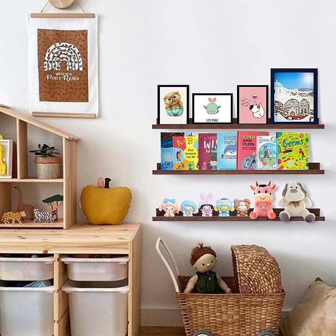 AZSKY Floating Shelves Deep Walnut for Wall Long Picture Ledge Shelf 48 Inch Beige Photo Ledge Shelves with Lip Wall Bookshelf for Kids Bedroom Living Room Bathroom Kitchen Wooden Spice Rack Set of 3