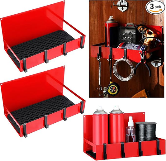 3 Pack Magnetic Garage Organizer Spice Rack for Refrigerator - 20 lb Capacity Shelf Hanging Heavy Duty Fridge Side for Organize Garage Tools, Red