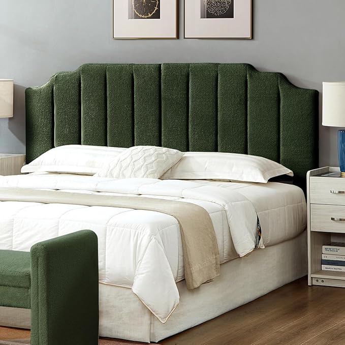 24KF Dark Green Teddy Fabric Tufted King Upholstered Headboard, Modern Vertical Channel Design California King Headboard with Stepped Silhouette Top Edge,6026-K-Teddy Dark Green