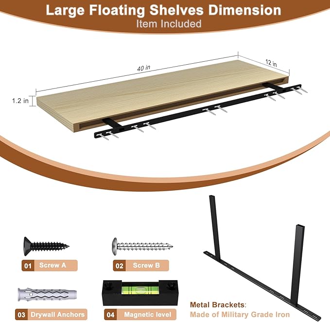 40 Inch Floating Shelf 2 Pack Large Floating Shelves for Wall No Drilling Accessories Included Deep Wall Shelves for Living Room Kitchen Farmhouse 40" W x 12" D x 1.2" Oak