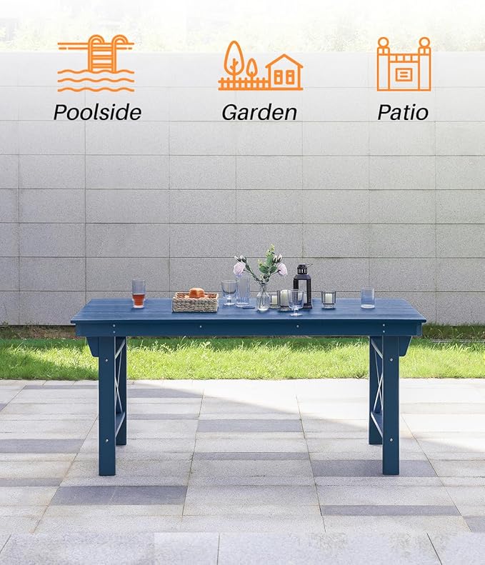 HDPE Outdoor Dining Table, 66.9” Rectangle Patio Dining Table for 6, All-Weather HDPE Outdoor Table with 2.2” Umbrella Hole, HDPE Patio Furniture for Deck, Backyard, Garden, Pool, Navy