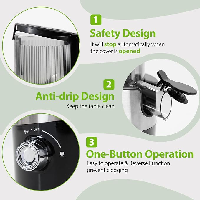 Aeitto Cold Press Juicer, Juicer Machines with 4.9" Large Feed Chute, Fits Whole Vegetables and Fruits, Professional Juice Maker, Easy to Clean, High Juice Yield, Easy to Assemble,Black