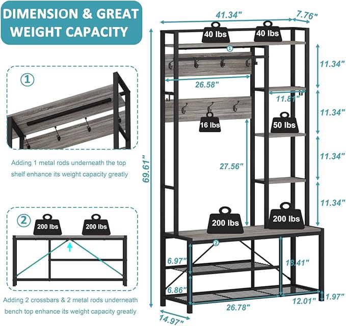 BON AUGURE Hall Tree with Bench and Shoe Storage, Entryway Bench with Coat Rack, Wooden Metal Coat Tree with Hooks, 5 in 1 Multifunctional Shoe Benches and Wall Rack (Dark Gray Oak)