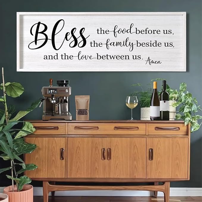 Bless the Food Before Us, the Family Beside Us, and the Love between us Framed Wall Art for Dining Room, 40''×15'' Holy Positive Religious Rustic Bible Verse for Christian God Jesus Christ Prayer