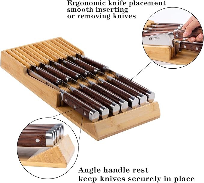 Bamboo Kitchen Drawer Knife Block, In drawer Knife Holder, Knife Drawer Organizer fit for 13 knives