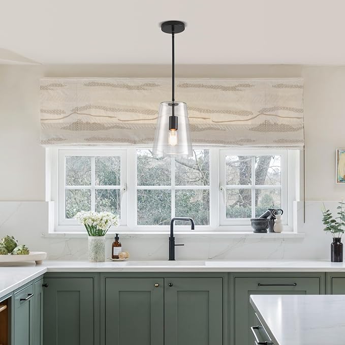 Black Big Pendant Lights Kitchen Island - Clear Glass Pendant Light Fixture Multiple Stems Rods 3 Units 12 Inch 3 Units 4 Inch (2 Pack Black Downrod Pendant with 7.5in W 9.5in H Shade)