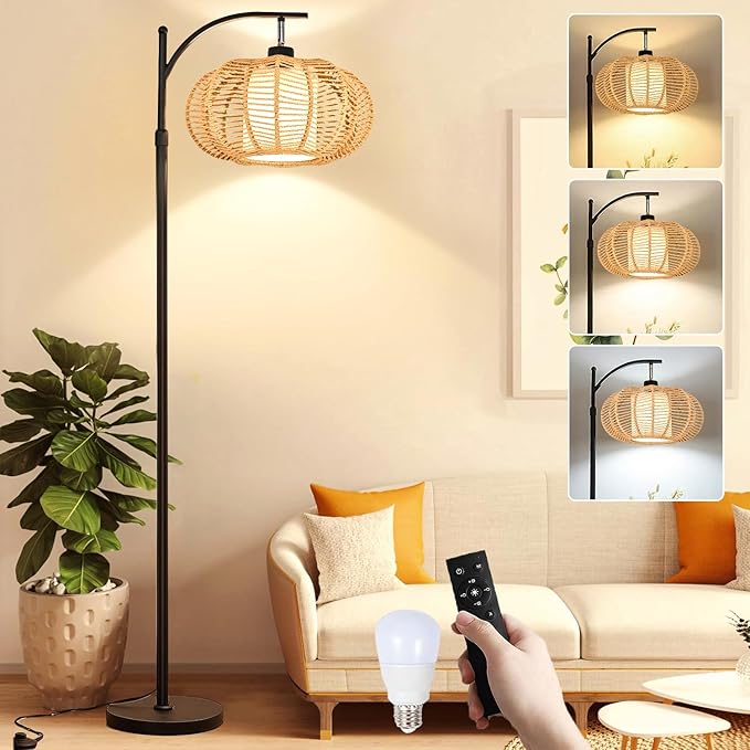 Arc Floor Lamps for Living Room Bedroom Rattan Boho Floor Lamp with Remote Control,Dimmable Led Standing Lamp Wicker Lamp Shade Rustic Tall Floor Lamp Modern Flower Lamp for Bedroom Corner