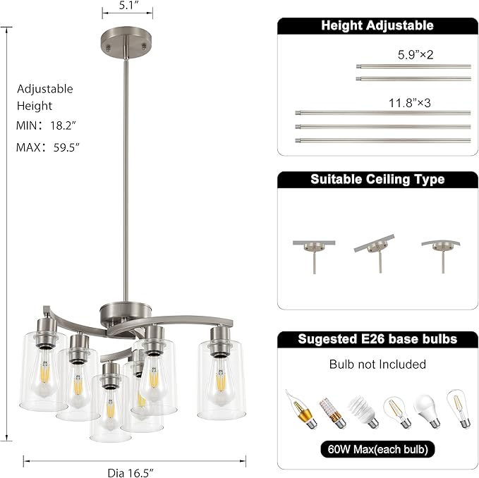 6 Light Modern Brushed Nickel Pendant Light Fixture For Dining Room，Contemporary Kitchen Light Fixtures Brushed Nickel，Adjustable Height Farmhouse Dining Chandeliers Over Table，With Glass Shade