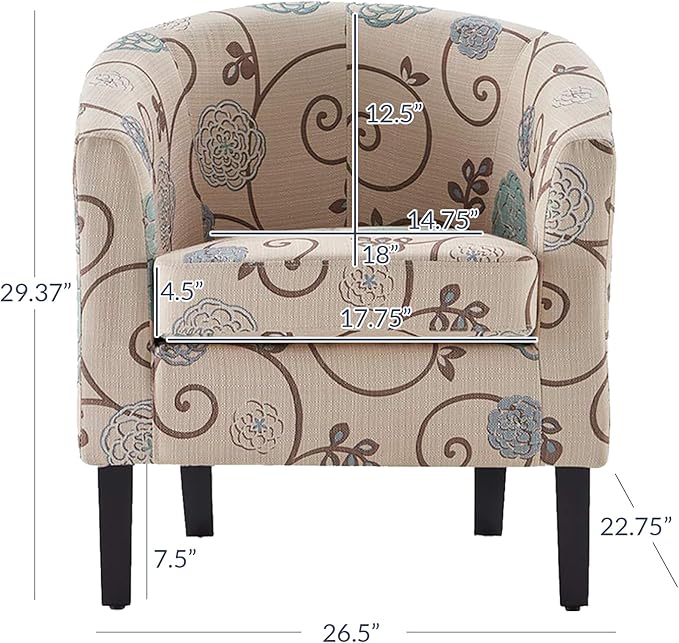 BELLEZE Living Room Chairs Set of 2, Linen Round Accent Barrel Chairs, Club Tub Sofa Chairs for Bedroom, Corner Chairs with Flared Legs and Cozy Soft Padding - Highland (Floral Print)