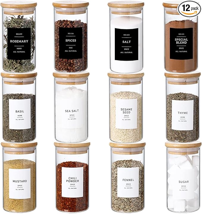 12 Pcs Glass Spice Jars With 296 Spice Labels Preprinted of White and Black Color- 10oz Thicken(2.4mm) Spice Containers With Bamboo Airtight Lids - Empty Small Herb Seasoning Jars