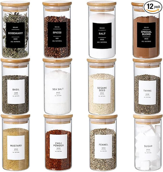 12 Pcs Glass Spice Jars With 296 Spice Labels Preprinted of White and Black Color- 10oz Thicken(2.4mm) Spice Containers With Bamboo Airtight Lids - Empty Small Herb Seasoning Jars