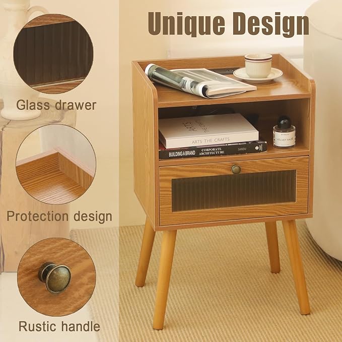 AWASEN Mid Century Nightstand with Charging Station, Modern Bedside Table with Glass Decorative Drawer, Small End Side Table with 2 Tiers Storage for Bedroom, Office and Small Space(Brown)