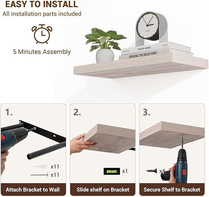 16 Inch Floating Shelves, 3D Textured Wood Grain, 16"x9.25"x1.5" Inch Deep Floating Shelves for Wall, Wooden Shelves for Bathroom, Bedroom, Living Room, Washed White