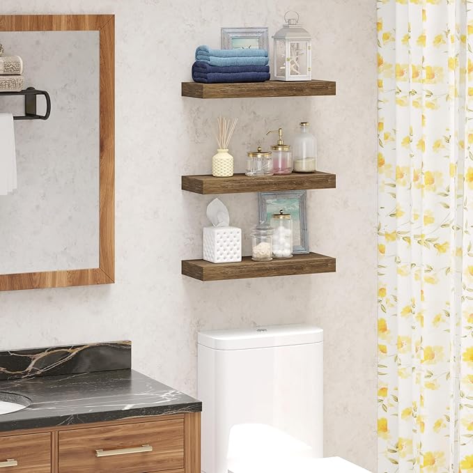 BAMEOS Floating Shelves, 16x6 Wall Mounted Wooden Shelves with Invisible Brackets Set of 3, Hanging Wall Shelves Decoration for Bedroom, Bathroom, Living Room and Kitchen