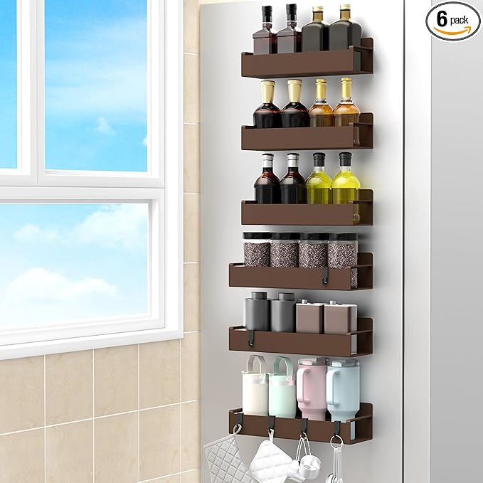 6 Pack Magnetic Spice Rack Organizer for Refrigerator and Oven, Brown Fridge Organizers and Storage for Kitchen