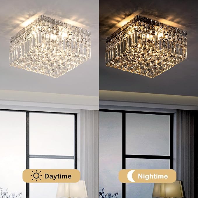 4-Lights Modern Flush Mount Ceiling Light Fixtures,Elegant Crystal Chandelier Pendant Ceiling Lamp for Bedroom,Living Room,Dining Room,Hallway H5.9 x W13.7 x L13.7 (Bulbs Not Included) Square