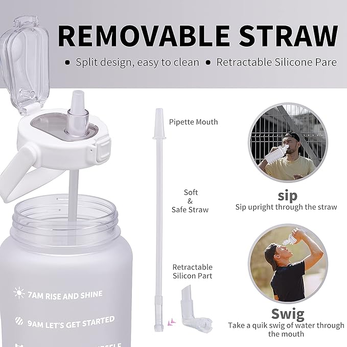 64oz,100oz,128oz Large Motivational Water Bottle with Time Marker, Leakproof & BPA Free Half Gallon Big Water Bottle with Straw Handle Tritan Frosted Water Jug for Gym,Fitness,Outdoor Sports