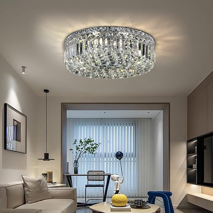 6-Lights Crystal Flush Mount Chandelier Light Fixture with K9 Crystals Modern Ceiling Lights Elegant Pendant Lamp for Bedroom,Hallway,Bar,Living Room,Dining Room,H5.9 xW20 (Bulbs Not Included)
