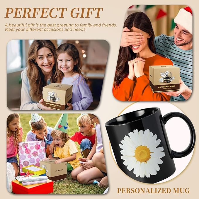 12Oz Daisy Black Ceramic Mug, Mug for Daily Coffee and Tea, Lead-free, Microwave and Dishwasher Safe Coffee Mug, Perfect gifts for women and men