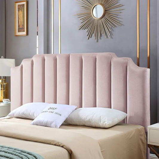 24KF Pink Velvet Tufted King Upholstered Headboard, Modern Vertical Channel Design California King Headboard with Stepped Silhouette Top Edge, Pink
