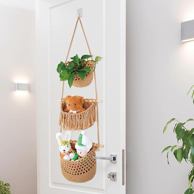 3 Tier Hanging Fruit Basket for Kitchen, Handmade Woven Cotton Hanging Wall Basket for Fruit Vegetable with 6 Hooks, Boho Style Over The Door Organizer for Living Bathroom Bedroom