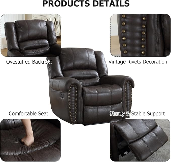 CANMOV Leather Recliner Chair Set of 2, Classic and Traditional Manual Recliner Chair with Comfortable Arms and Back,Manual Single Recliner Sofa for Living Room, Dark Grey