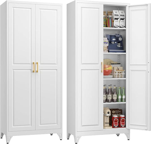 75" Storage Cabinet, Metal Pantry Cabinet, Kitchen Pantry Storage Cabinets with Doors and 4 Shelves, Cabinets for Laundry Room, Living Room, Dinning Room, Assembly Required, White