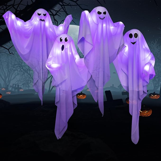 4 Pack Halloween Hanging Ghosts with LED Lights, 27.5 Inch Light Up Ghost Decorations for Indoor Outdoor, Lawn Yard Tree Hanging Halloween Ornaments, Spooky Lighted Party Supplies