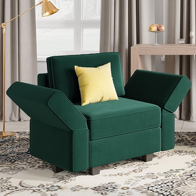 Belffin Velvet Modular Sectional Arm Chair Accent Chair with Storage Seat Single Club Chair for Apartment Green