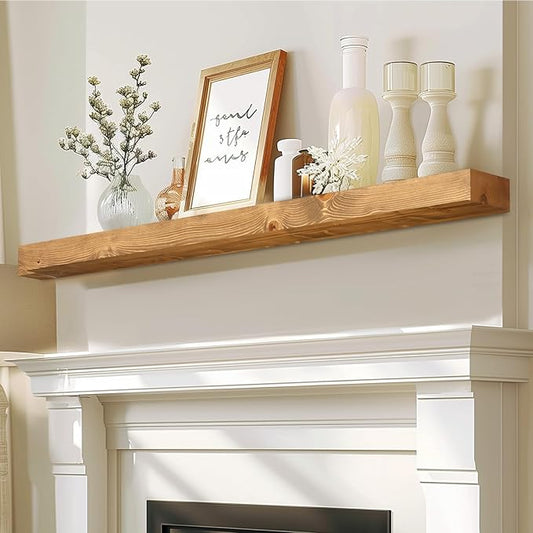 60x7x3 Fireplace Mantel - Solid Rustic Wood - Wall Mounted Floating Shelf with Invisible Heavy Duty Steel Bracket (Natural Wood)