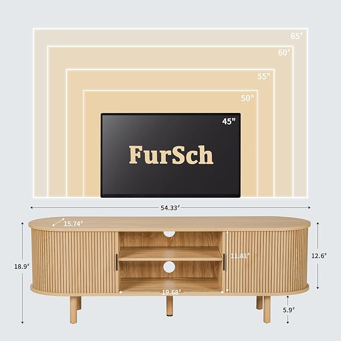 54" Tambour Door TV Stand,Wood Mid Century Modern TV Cabinet for Up to 65“ TV,Curved Edge Long TV Stand with Storage for Bedroom Living Room(Natural, 54inch)