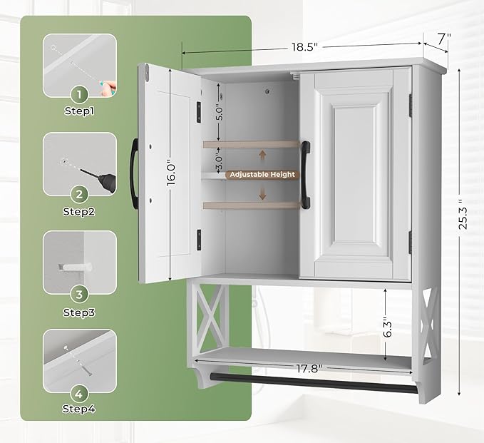 Bathroom Cabinet Wall Mounted, White Bathroom Wall Cabinets with Towel Bar and 2 Doors, Wooden Medicine Cabinet with Adjustable Shelf, Open Storage