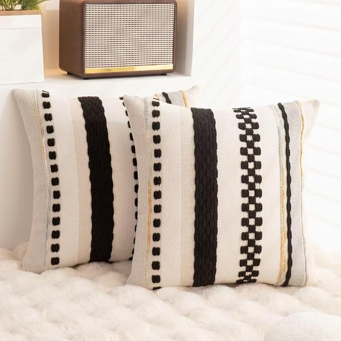 Boho Throw Pillow Covers 18x18 Set of 2 Farmhouse Decorative Cushion Case Striped Square Pillows Cover Chenille Pillow Cases Accent Neutral Pillowcase for Sofa Couch Bed,Black