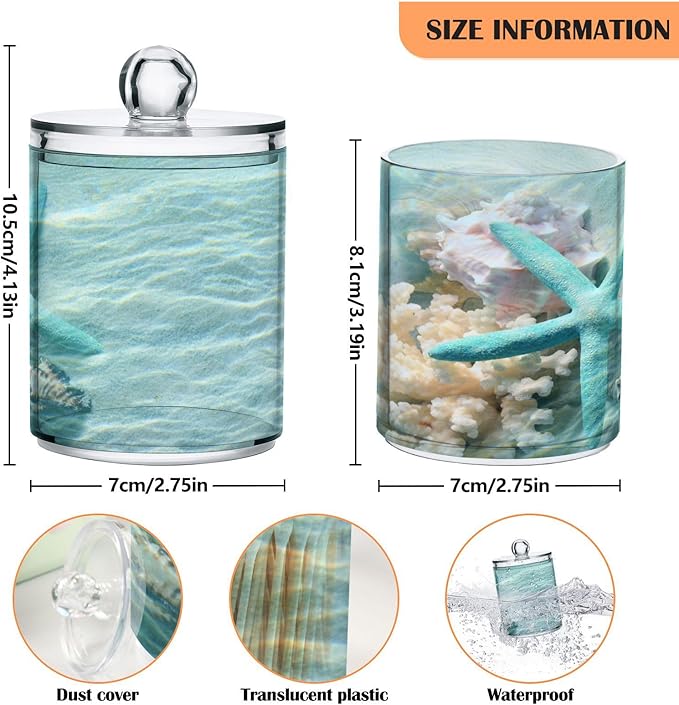 2 Pack Qtip Holder Organizer Dispenser Seashell Starfish Summer Beach Bathroom Storage Canister Cotton Ball Holder Container for Cotton Swabs/Pads/Floss