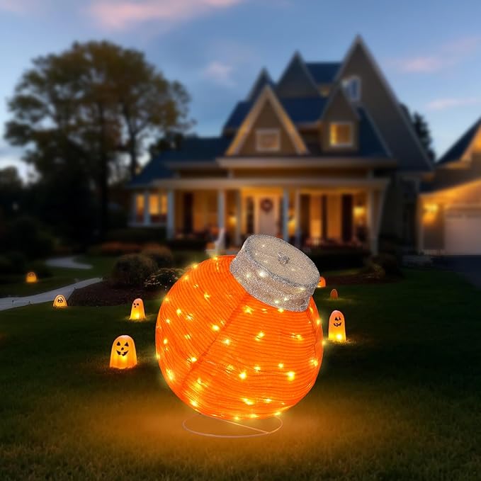 BRIGHTDECK Outdoor Halloween Ornaments, Lighted Pop-Up Outdoor Holiday Ball Decoration with 80 LED Lights, 8 Light Modes, Lighted Collapsible Holiday Decorations for Yard, Home(Orange)