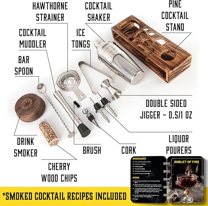 Bartender Kit with Whiskey Smoker - 13 pcs, Pine Stand - Bar Set with Cocktail Shaker, Bartending Kit with Essential Bar Accessory Tools, Wood Chips, Steel