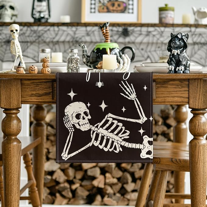Artoid Mode Spooky Skeleton Spider Bone Halloween Table Runner, Holiday Kitchen Dining Table Decoration for Home Party Decor 13 x 90 Inch