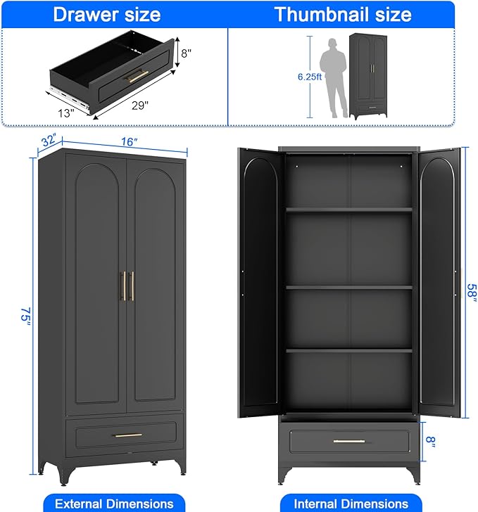 Black Pantry Kitchen Cabinet with Drawer, 75 Inch Metal Storage Cabinet with Doors and Shelves, Steel Food Pantries, Large Freestanding Cupboard for Living&Dining Room-Assemble Required