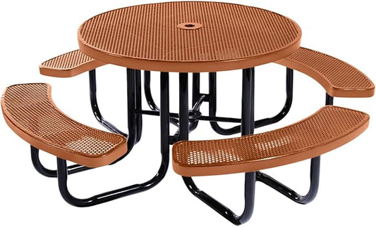 Heavy-Duty Portable Outdoor Picnic Table with Umbrella Hole, Punched Steel Commercial-Grade Patio Dining Furniture Made in America (46" Round Top, Textured Copper)