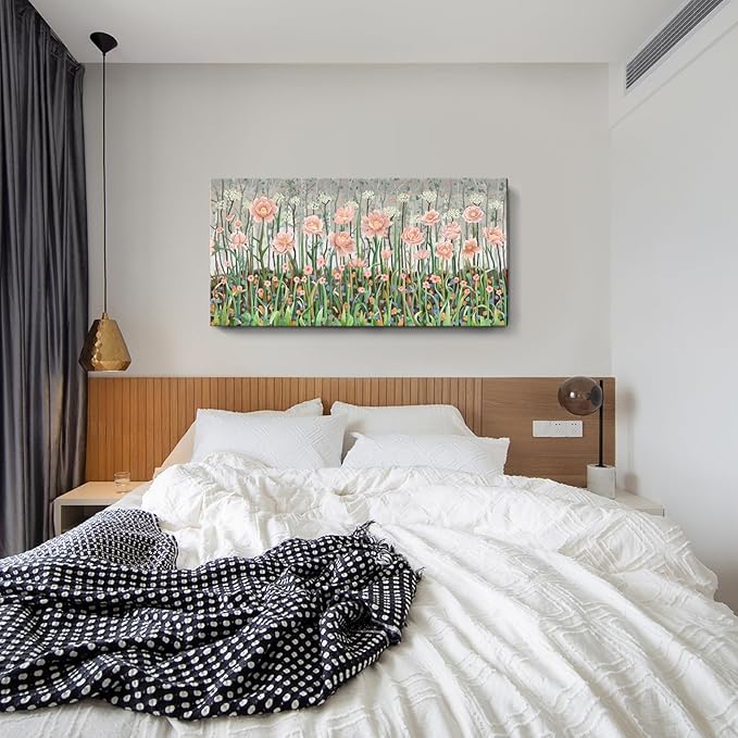 amatop Extra Large Floral Wall Picture for Living Room Modern Botanical Canvas Prints Flower Field Wall Decor Abstract Nature Art Wildflower Garden Pink Green Stretched Artwork Bedroom Office 58x29 in