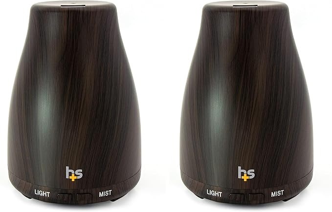 HealthSmart Essential Oil Diffuser, Cool Mist Humidifier and Aromatherapy Diffuser with 150ML Tank Ideal for Small Rooms, Adjustable Timer and Mist Mode, Wood Grain Brown (Pack of 2)